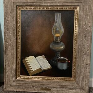 Original painting by Tom Lucas Rustic Oil Lamp and Bible Framed Art